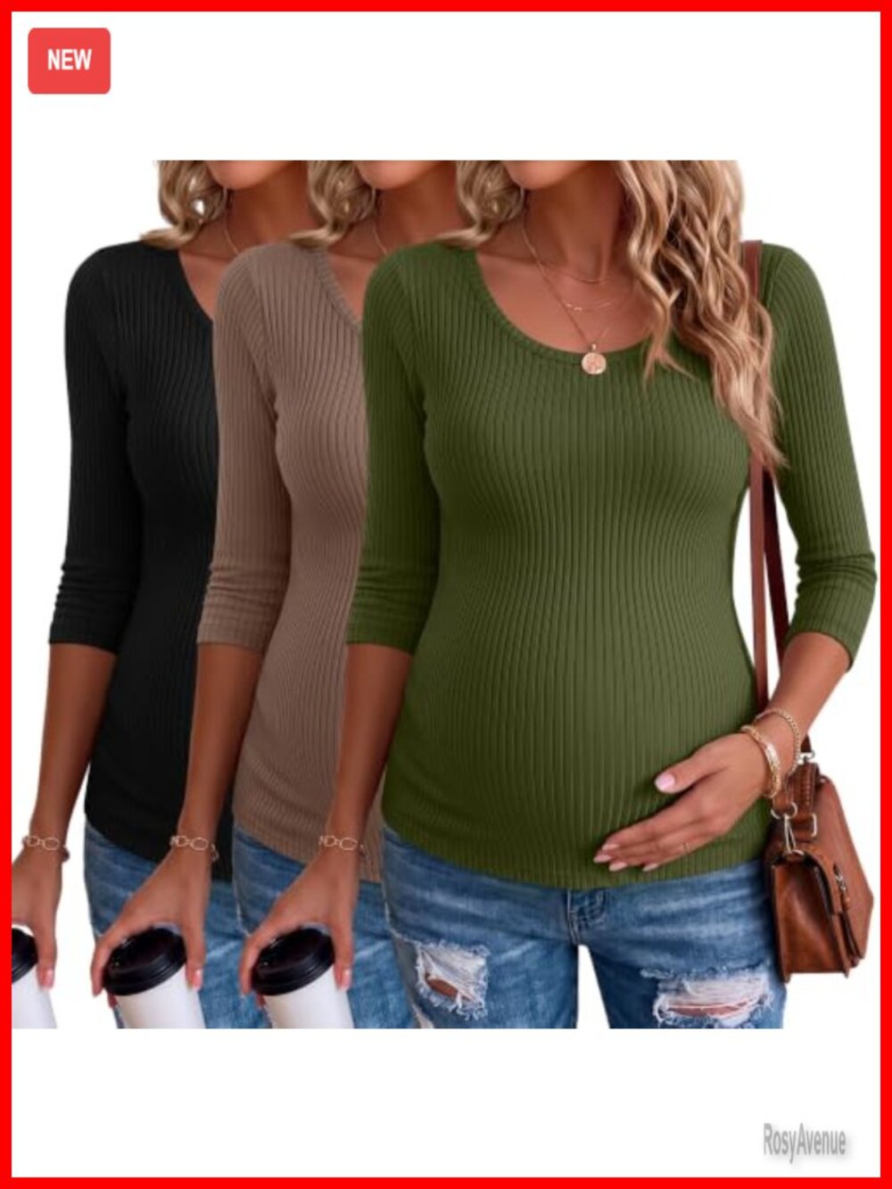 3/4 Sleeve Crew Neck Maternity Tops Ribbed Knit Stretch Pregnancy Tees